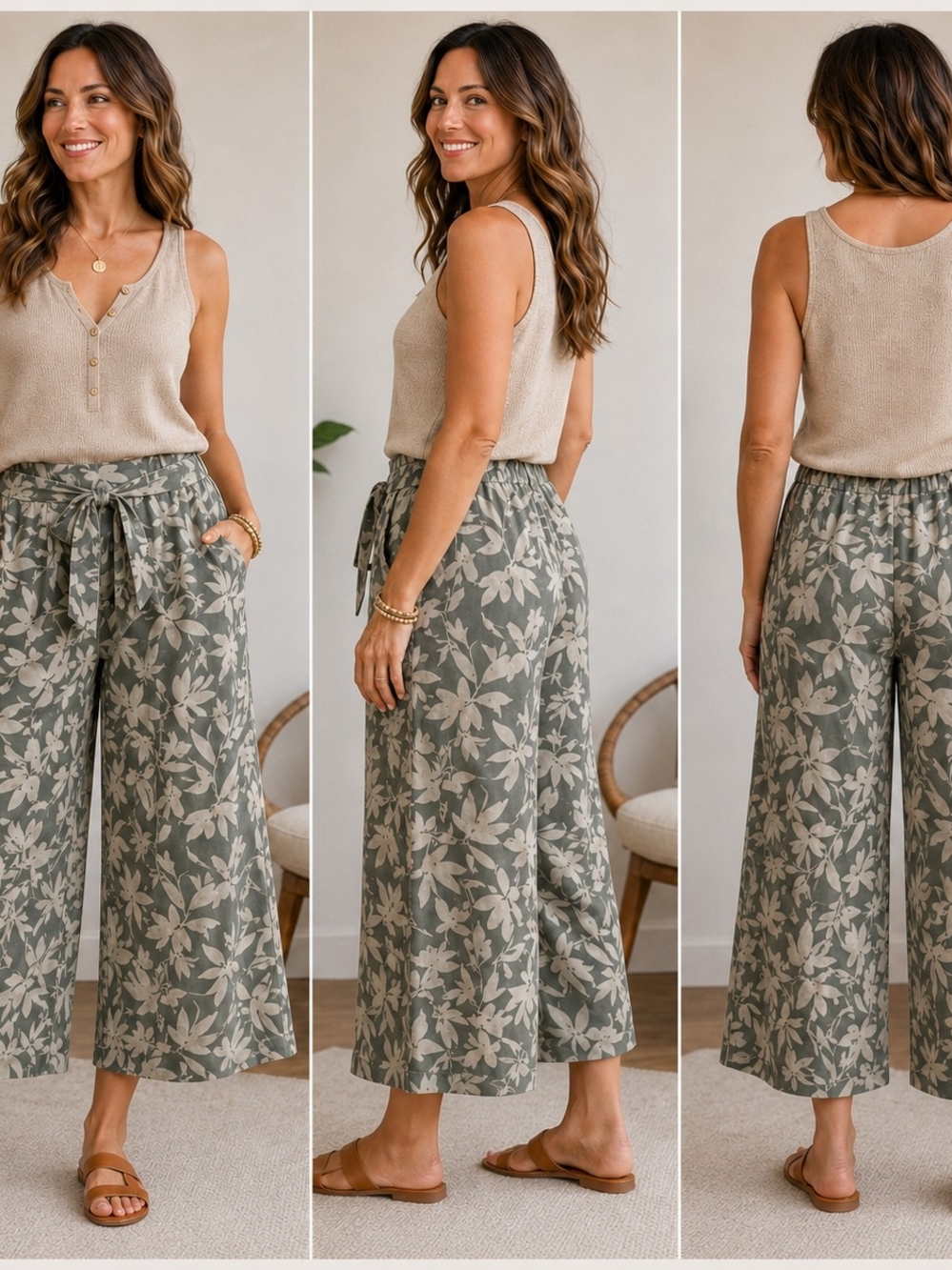 Cynthia Rowley Beige Tank with Olive Floral Wide-Leg Cropped Pants